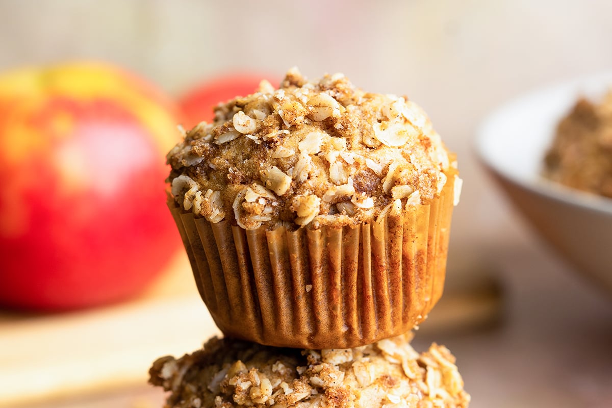 close up of an muffin accompanying an applesauce muffin recipe 