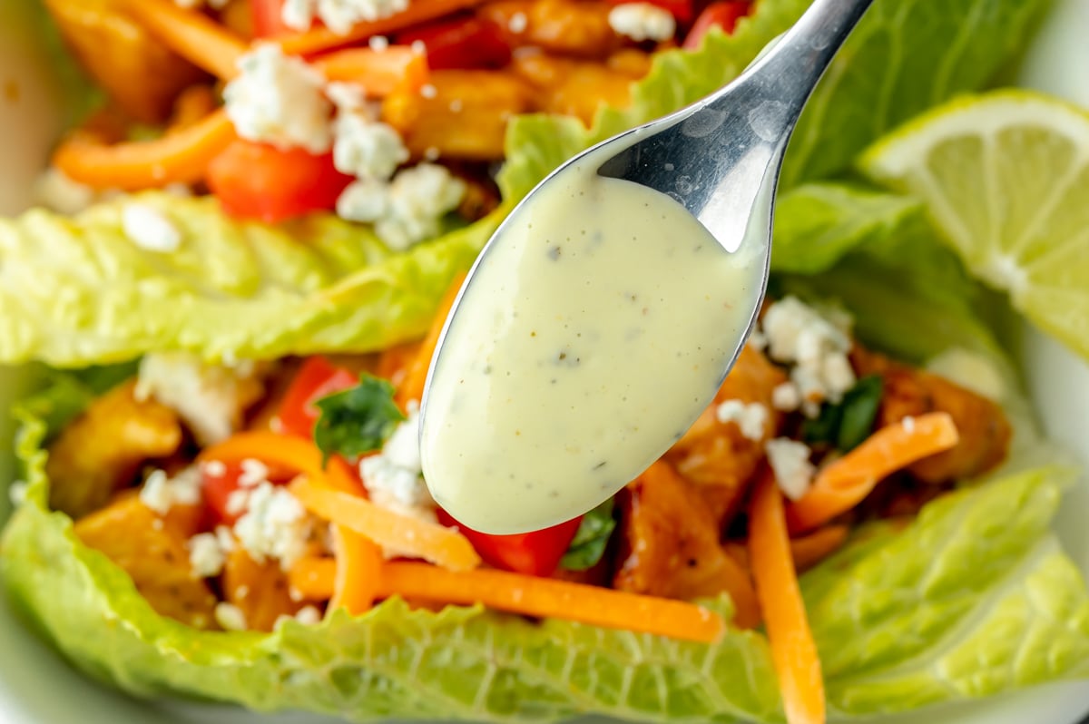 green goddess dressing on spoon