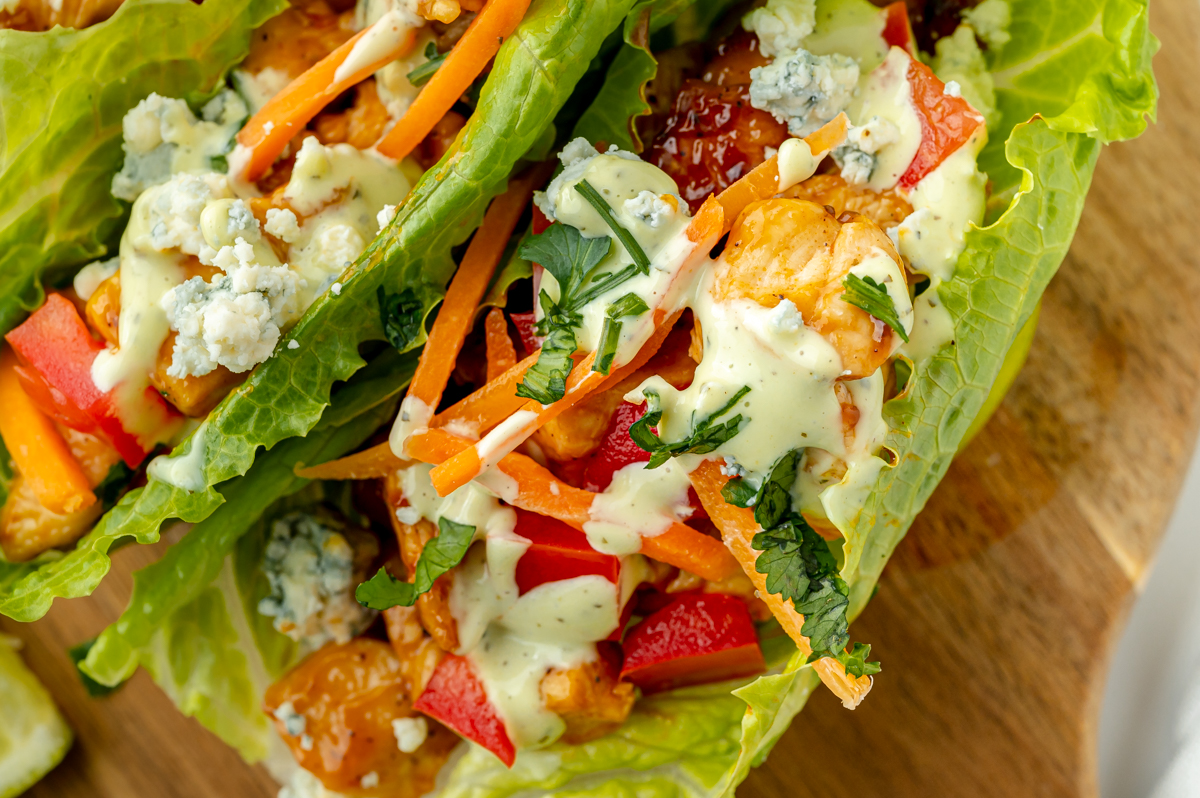 close up overhead shot of bbq chicken lettuce wrap