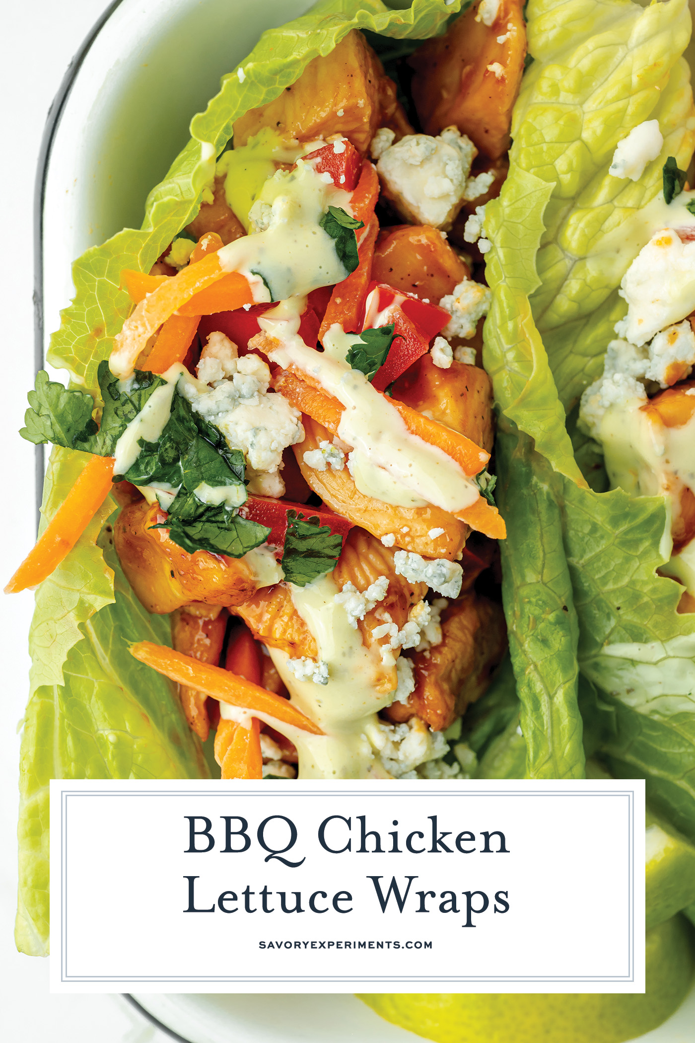 overhead shot of bbq chicken lettuce wrap in tray with text overlay