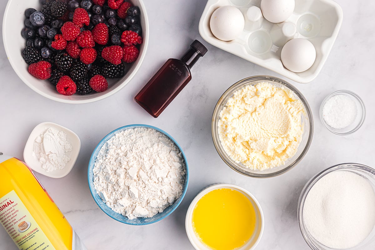 overhead shot of berry ricotta cheesecake ingredients