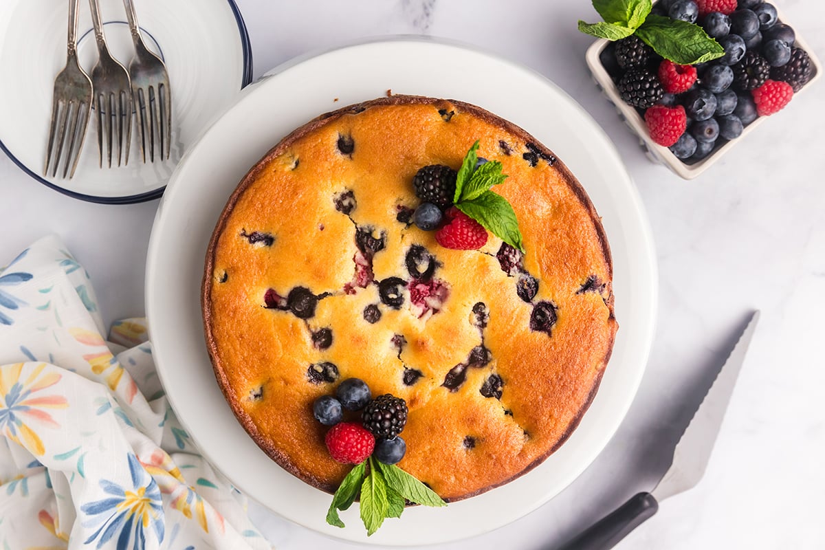 overhead shot of berry ricotta cheesecake