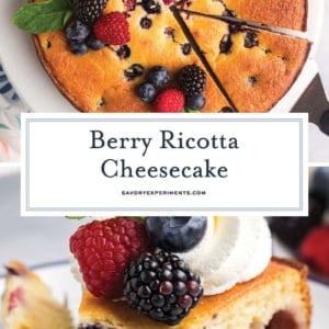 collage of berry ricotta cheesecake