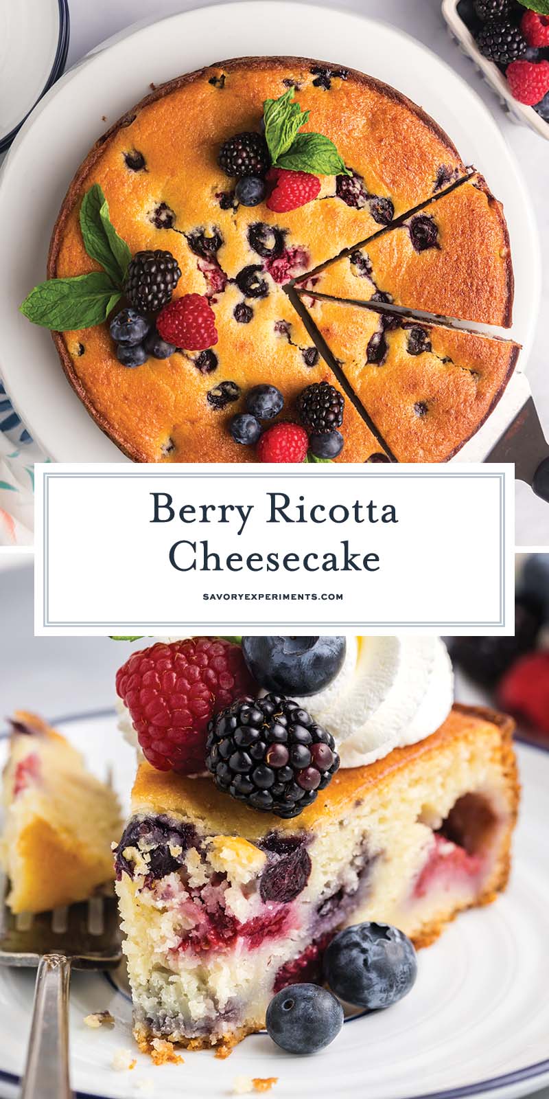 collage of berry ricotta cheesecake