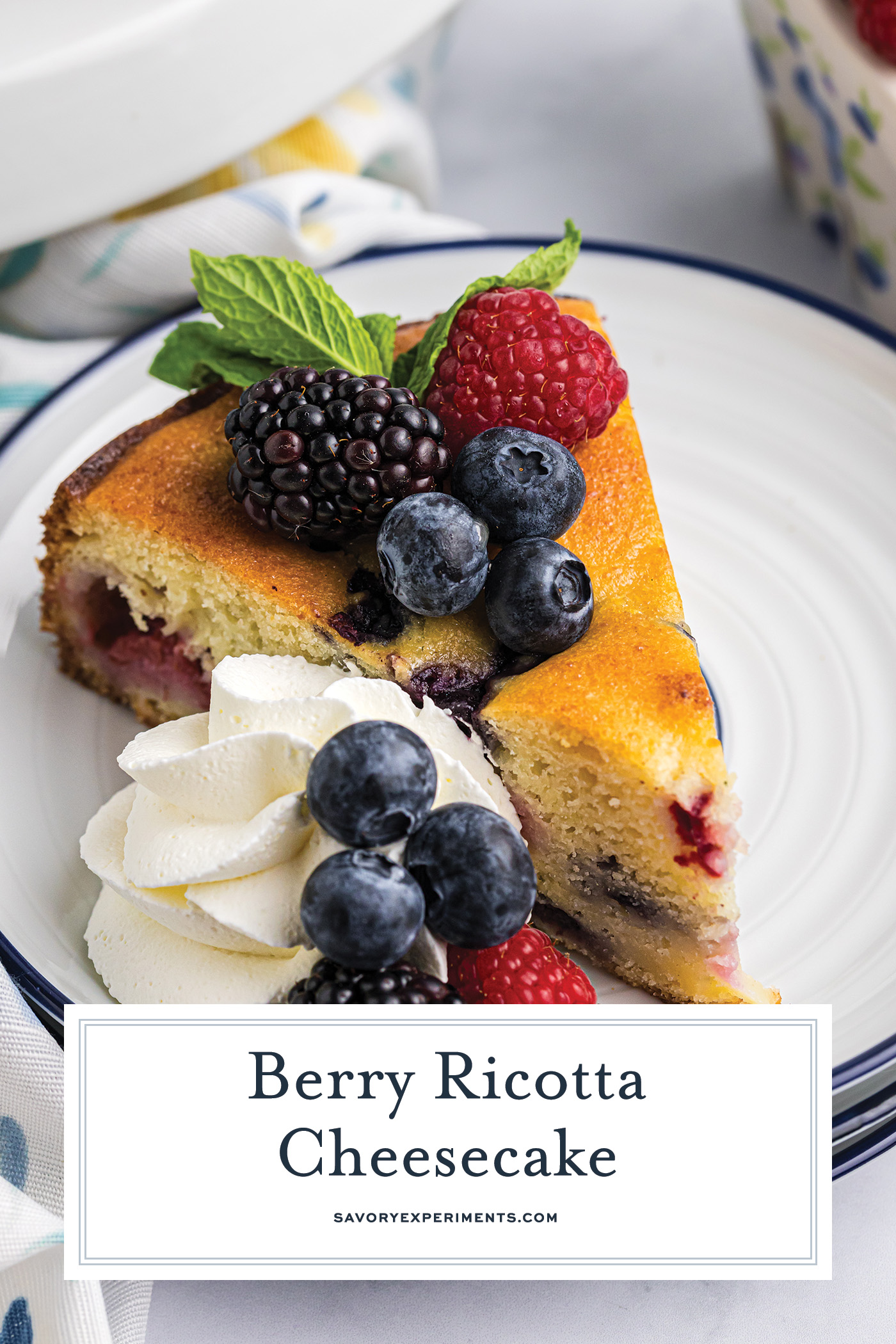 slice of berry ricotta cheesecake on plate with text overlay