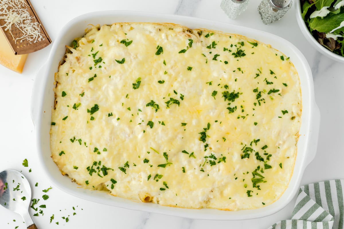 overhead shot of pan of chicken alfredo bake