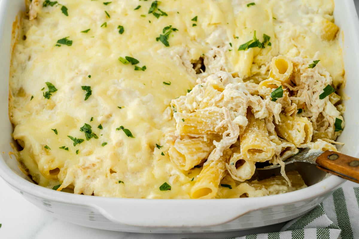 angled shot of pan of chicken Alfredo bake with serving spoon in it