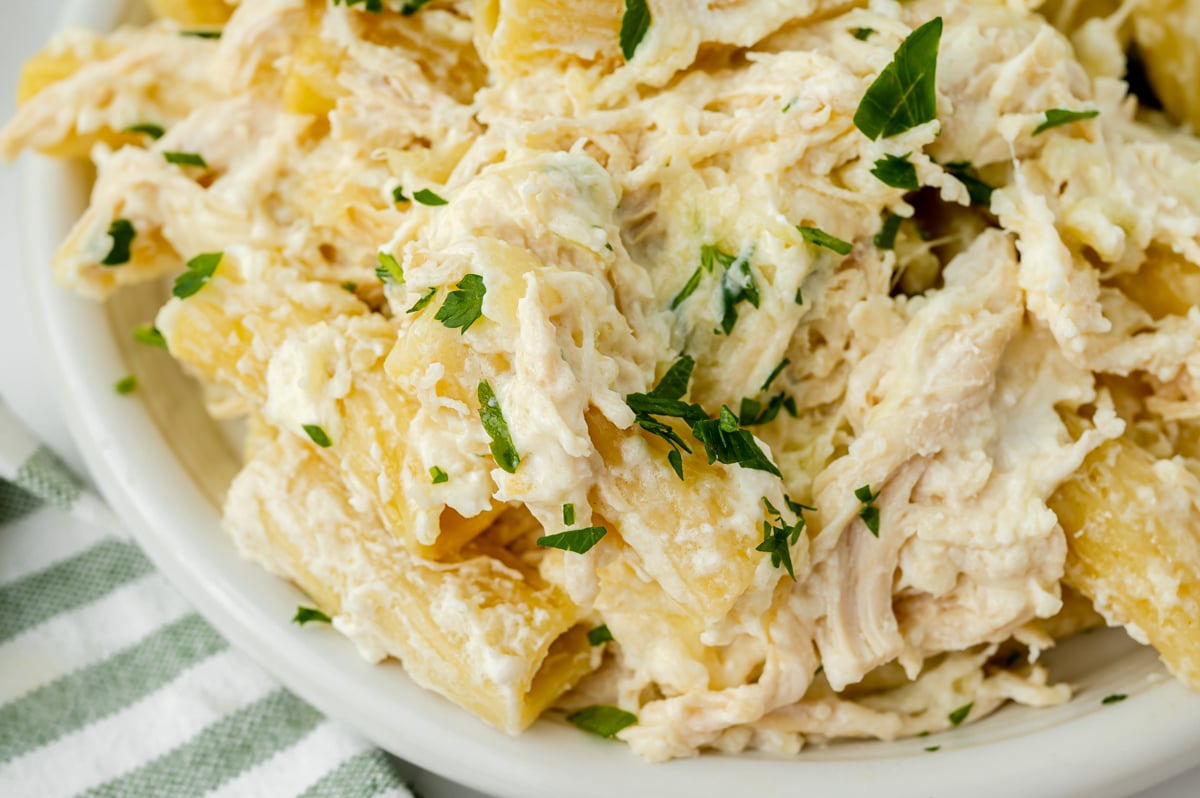 close up overhead shot of chicken alfrdo on plate