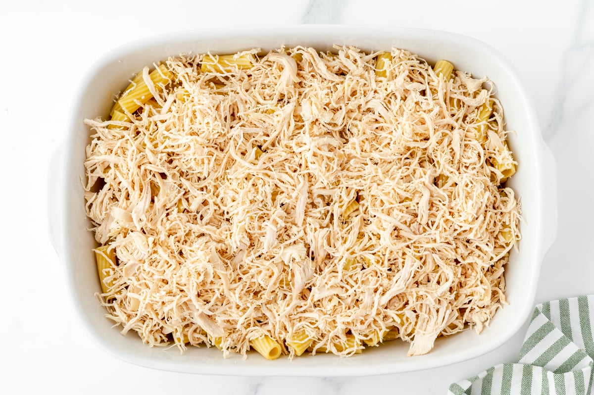 shredded chicken over pasta in baking dish