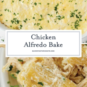 collage of chicken alfredo bake