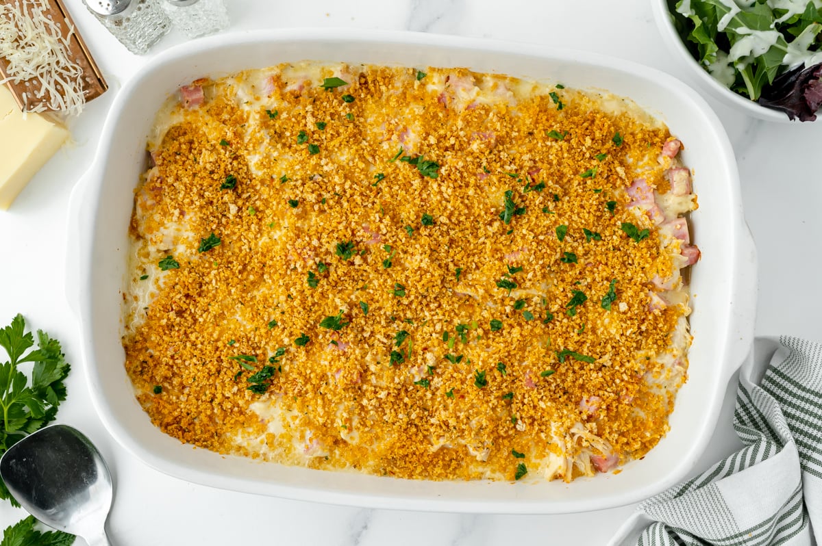 overhead shot of baked chicken cordon bleu casserole