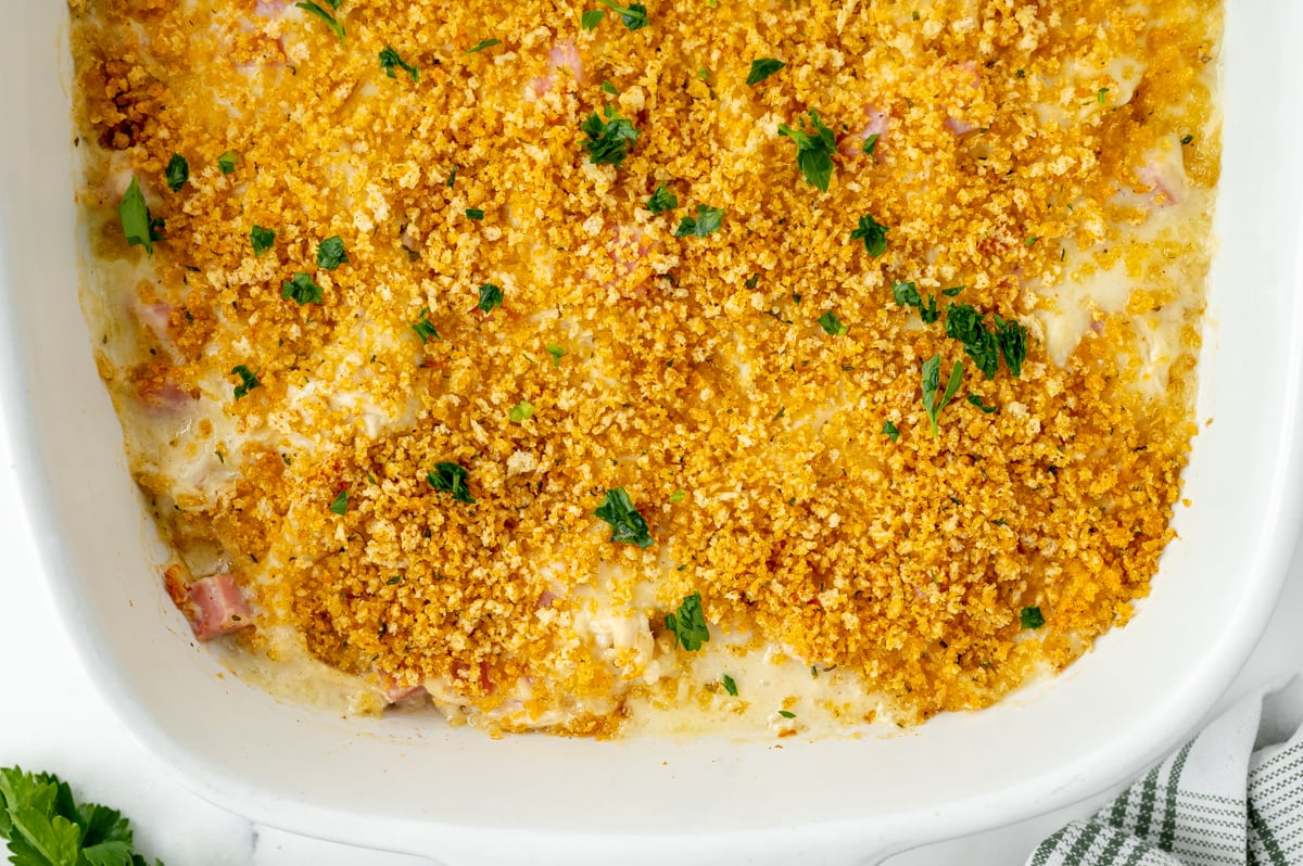 close up overhead shot of chicken cordon bleu casserole