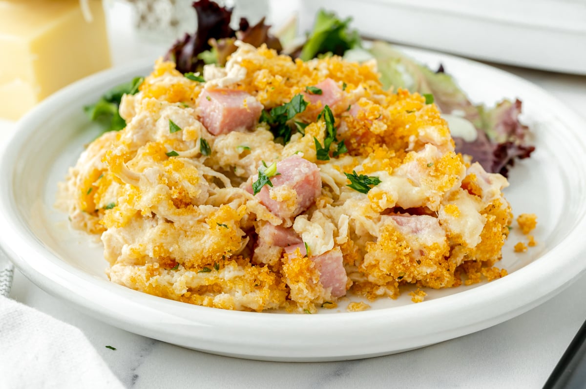 straight on shot of chicken casserole on plate with salad