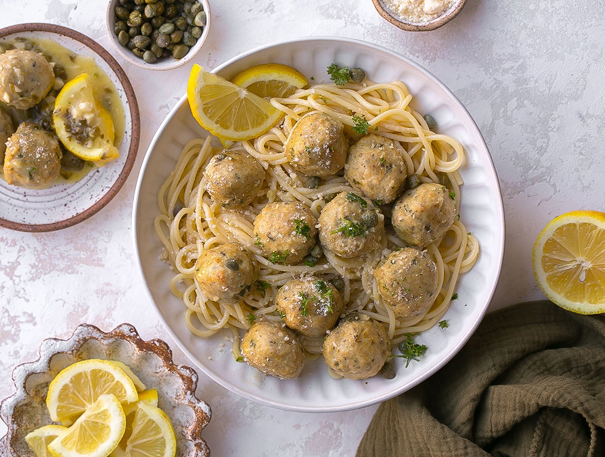 plate of pasta with chicken piccata meatballs