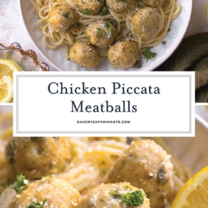 collage of chicken piccata meatballs