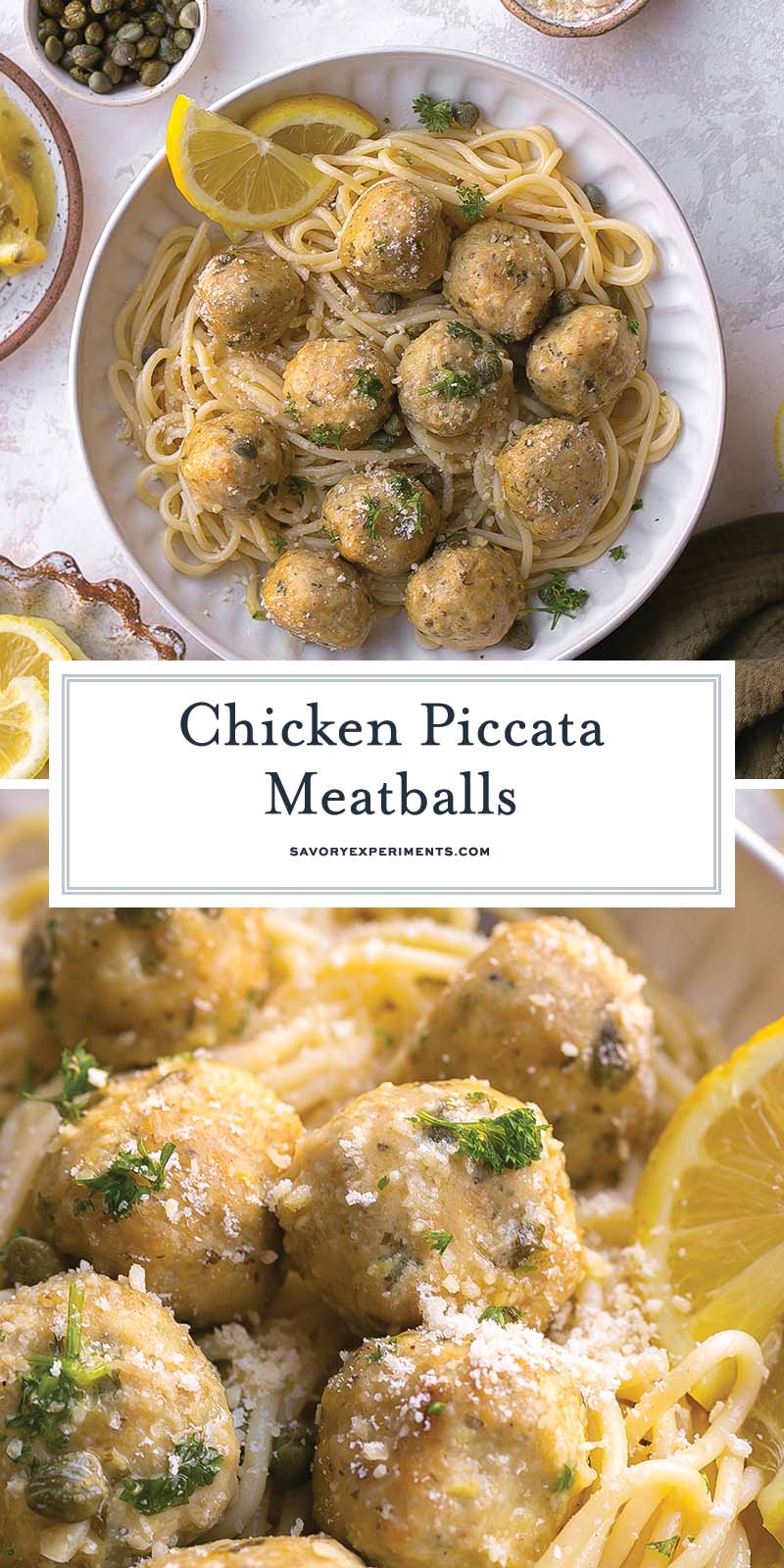 collage of chicken piccata meatballs