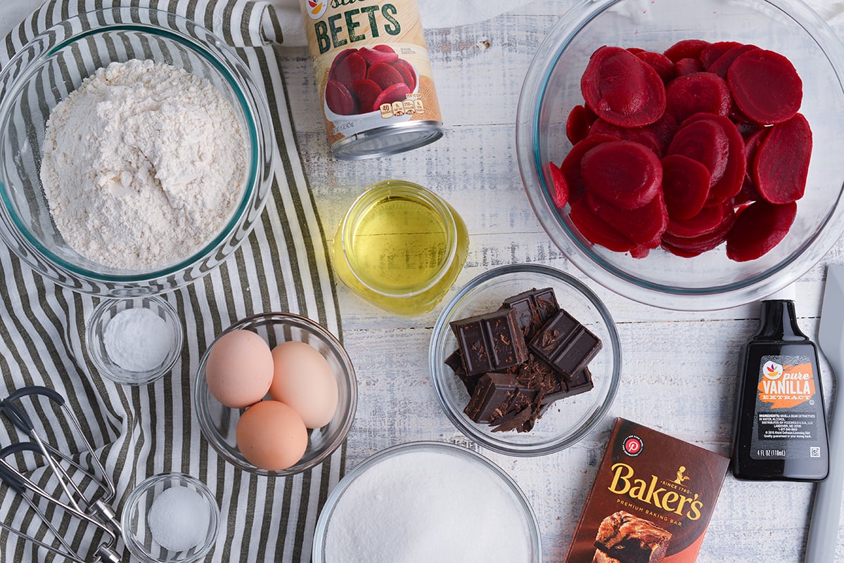 overhead shot of ingredients for chocolate beet cake recipe