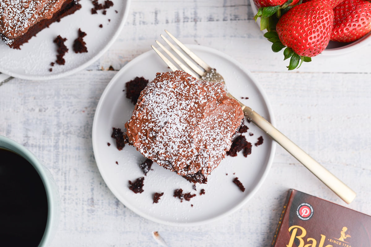 overhead shot of slice of beet chocolate cake on plate