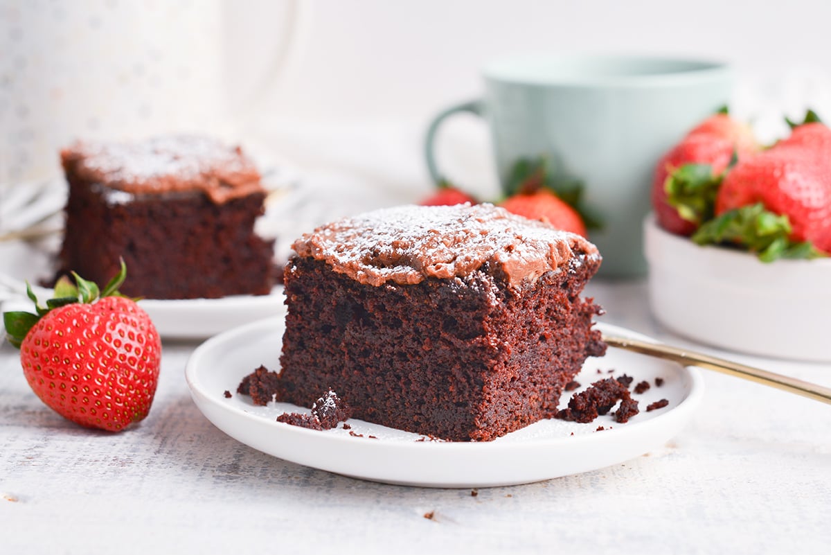 straight on shot of slice of beet chocolate cake on plate