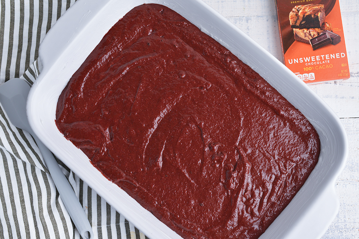 overhead shot of chocolate beet cake batter in baking pan