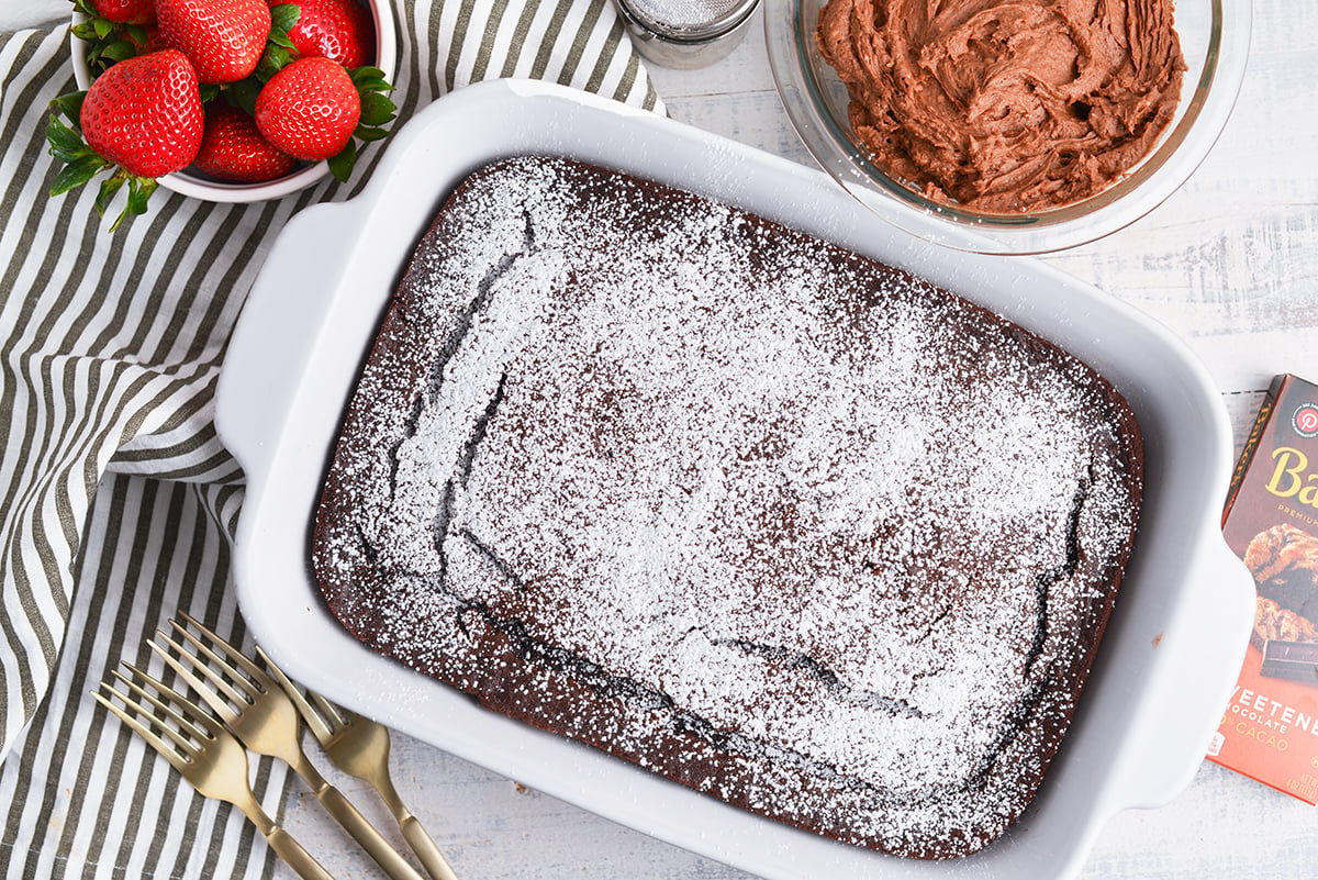 overhead shot of chocolate beet cake topped with powdered sugar