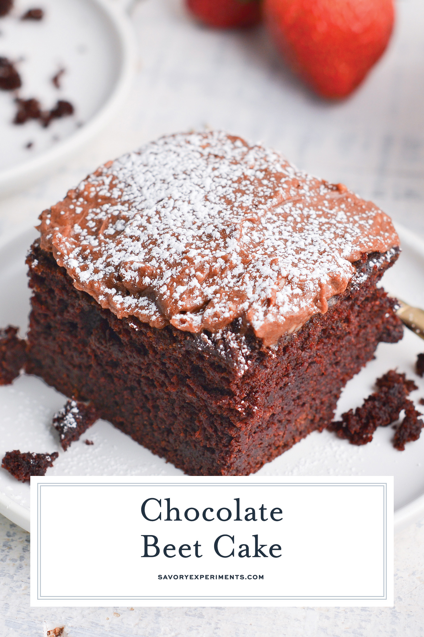 angled shot of slice of chocolate beet cake with text overlay