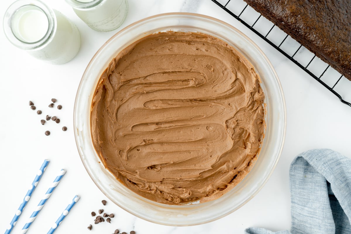overhead shot of bowl of chocolate frosting recipe 