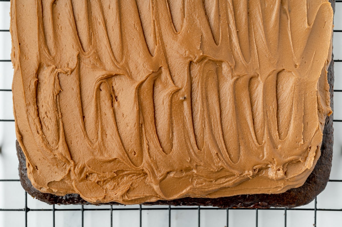 close up shot of frosting on chocolate depression cake