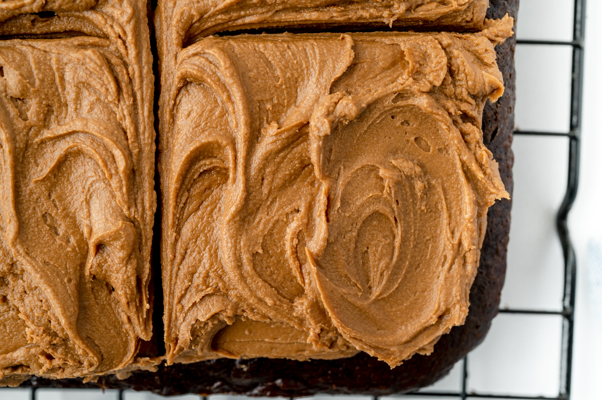 close up of frosting on slice of cake