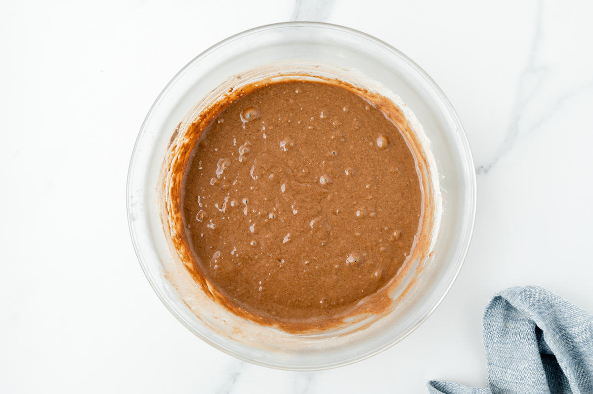 overhead shot of bowl of chocolate cake batter