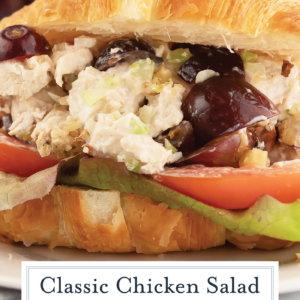 Close up of chicken salad sandwich with text overlay