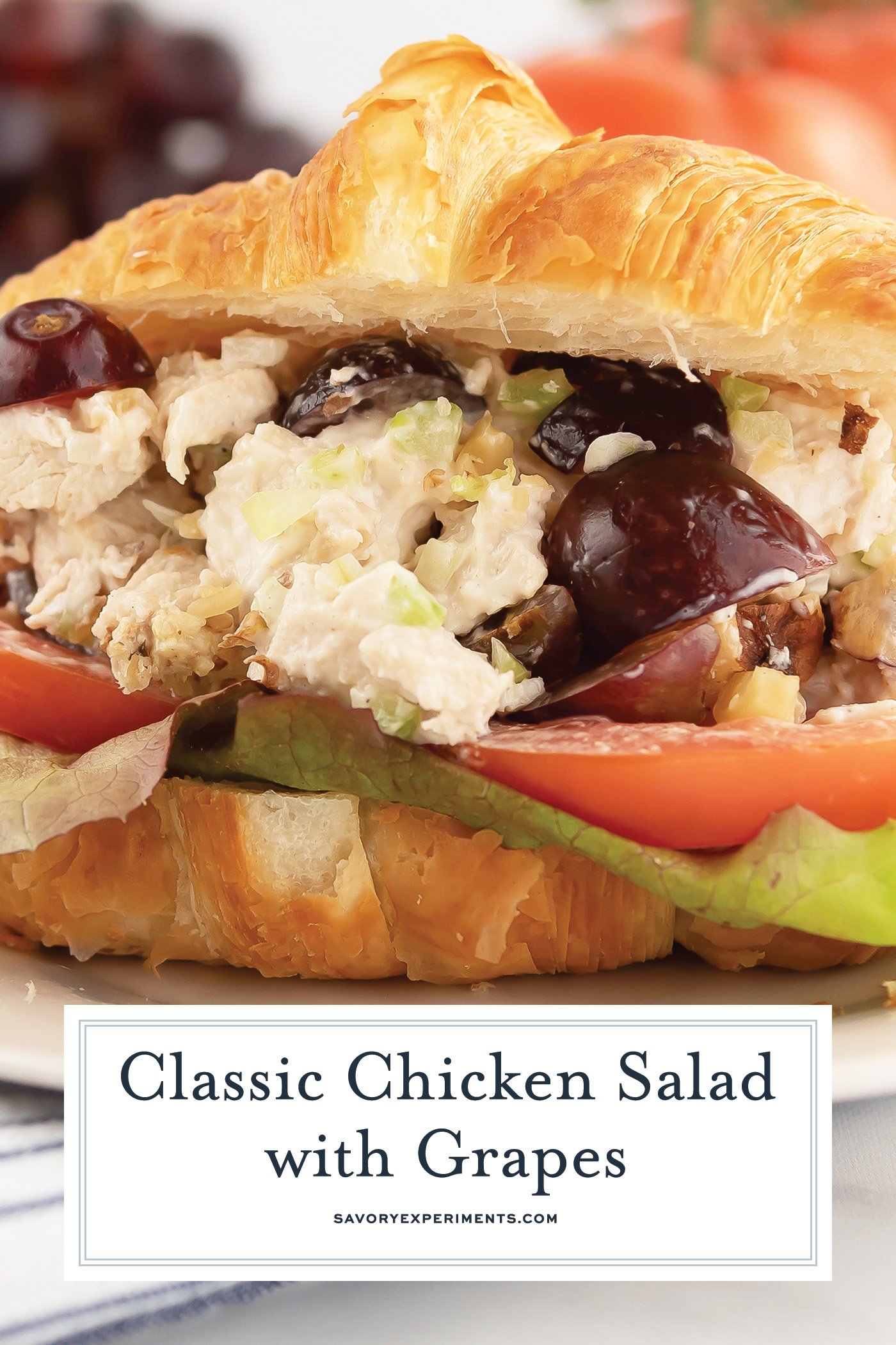Close up of chicken salad sandwich with text overlay