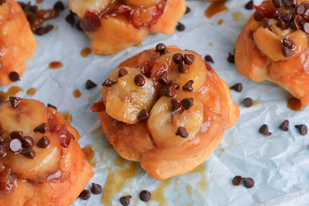 close up overhead shot of peanut butter monkey bread muffins