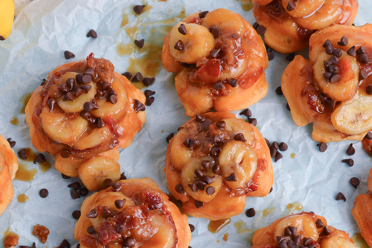 close up overhead shot of mini fat elvis monkey breads