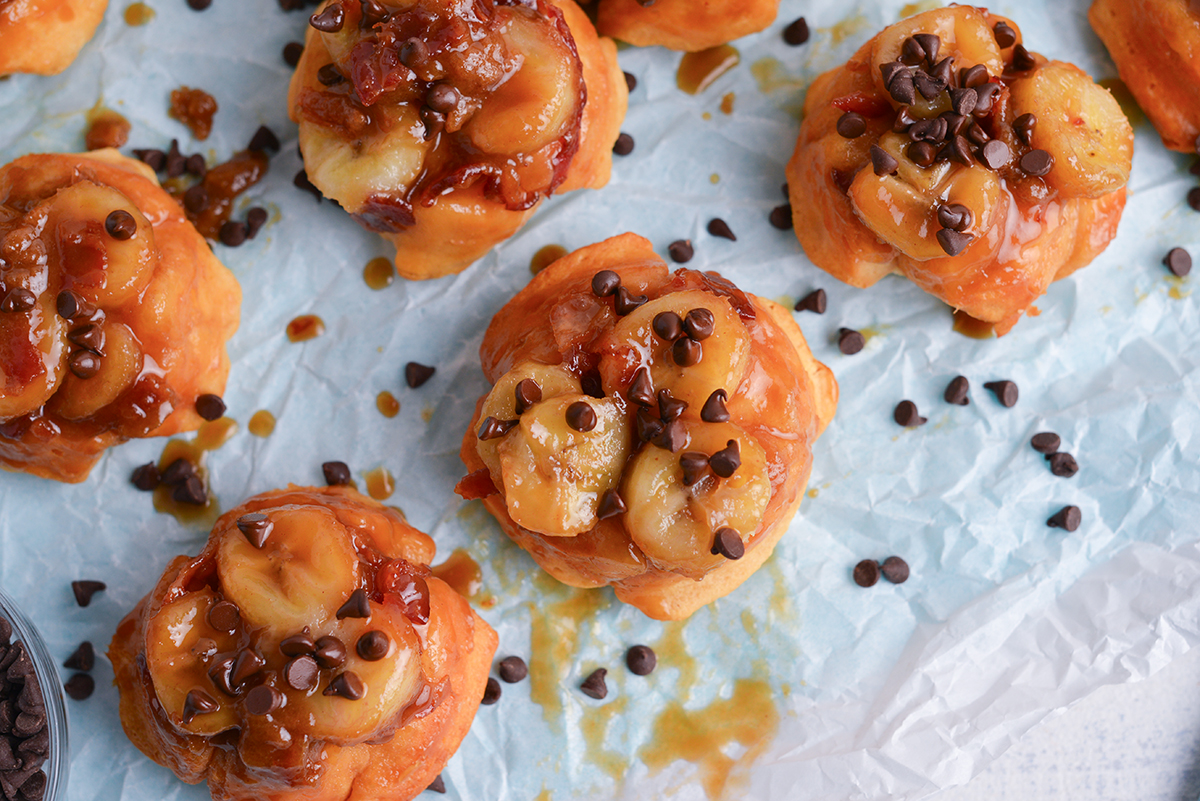 overhead shot of fat elvid monkey bread on parchment paper