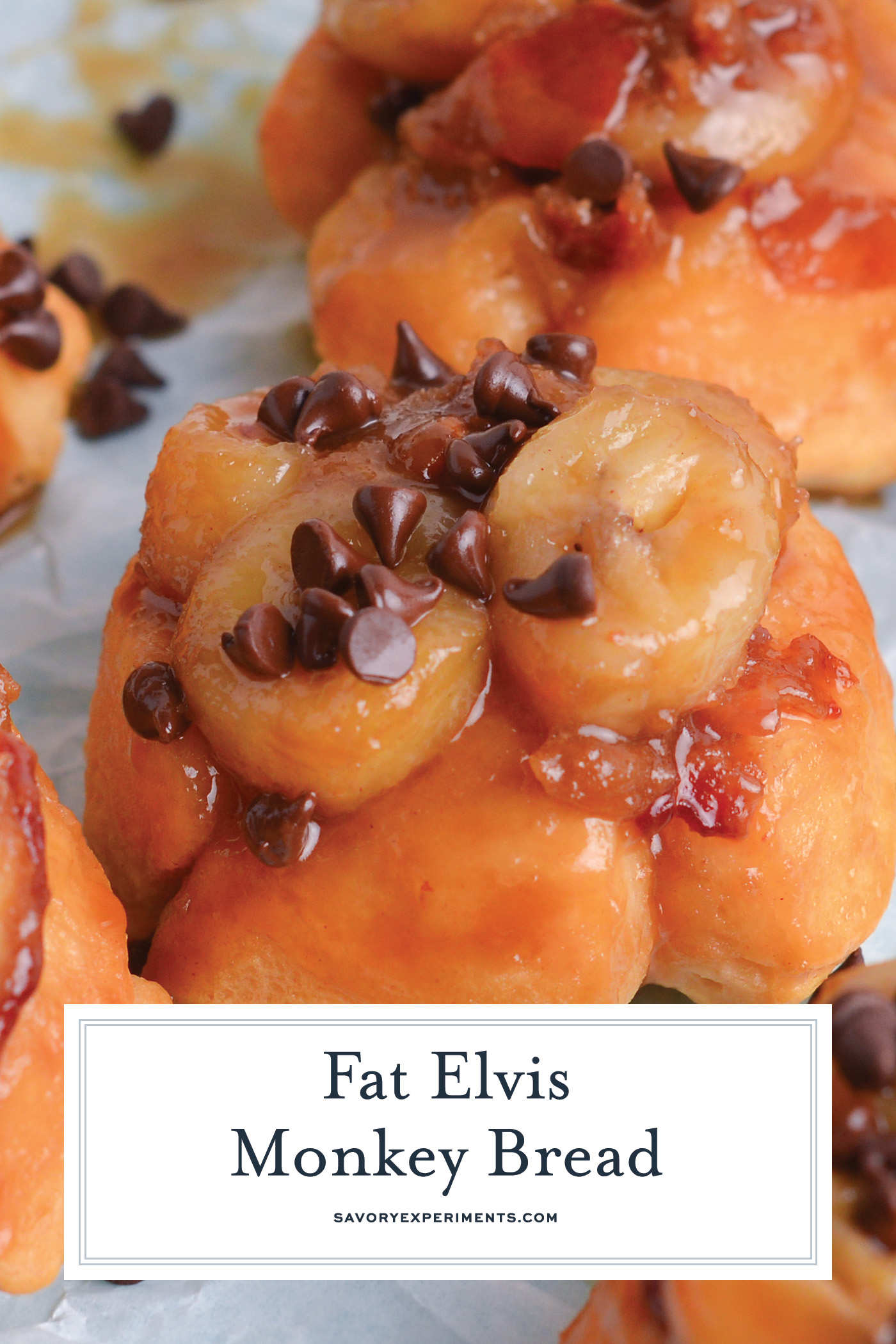 close up angled shot of fat elvis monkey bread with text overlay