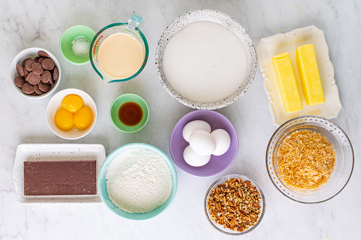 ingredients needed to make a german chocolate brownie