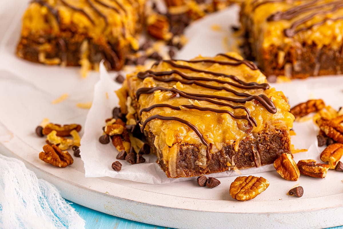 angled shot of german chocolate brownie on parchment paper