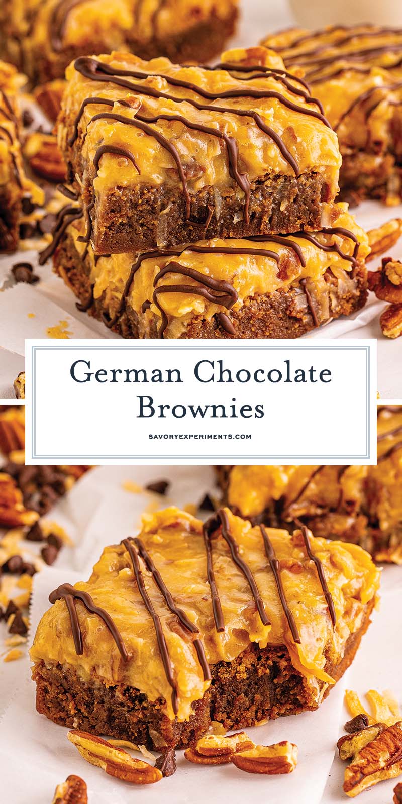 collage for german chocolate brownie recipes with text overlay for pinterest