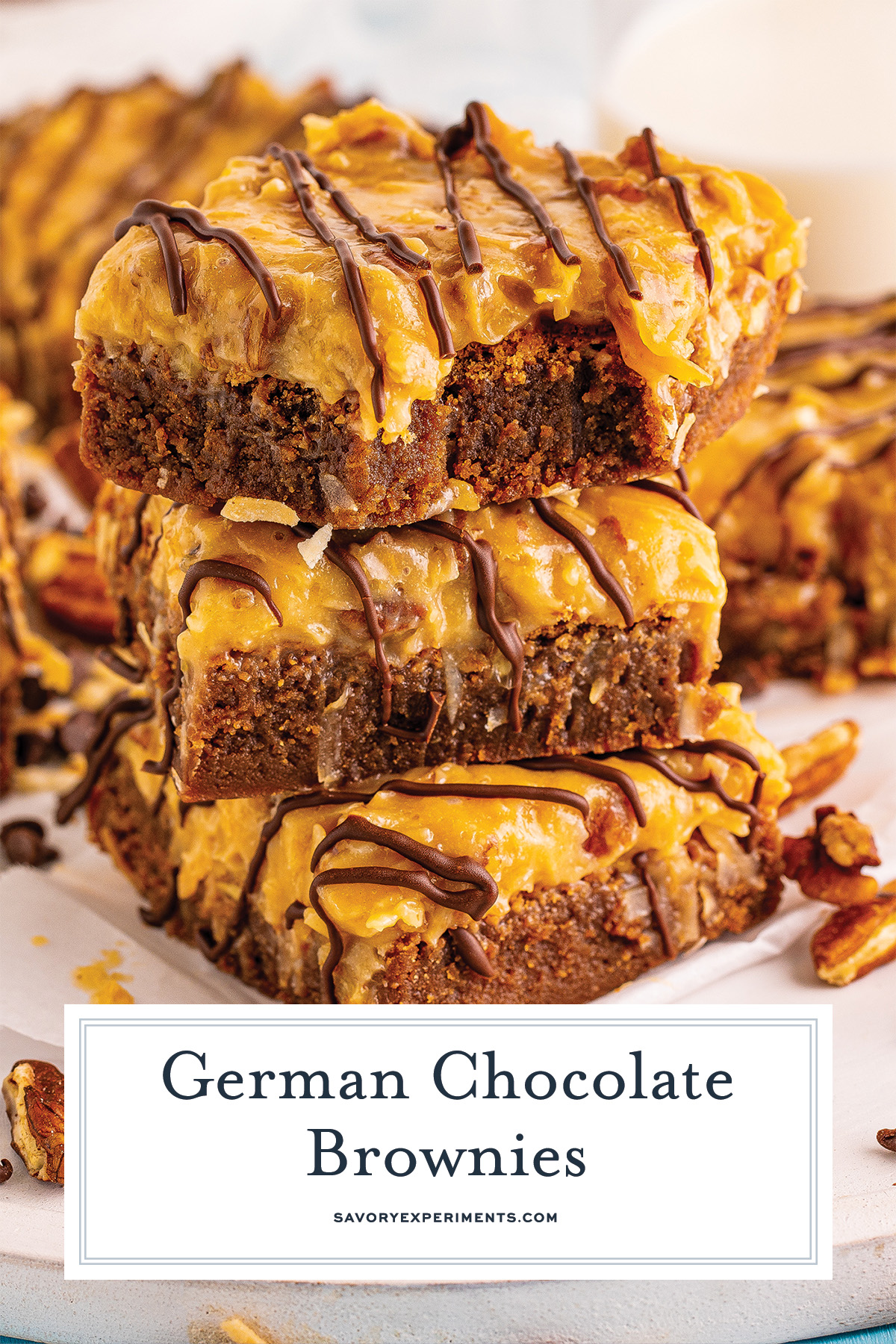 stack of three german chocolate brownies with text overlay