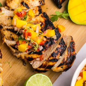 close up overhead shot of sliced grilled mango chicken