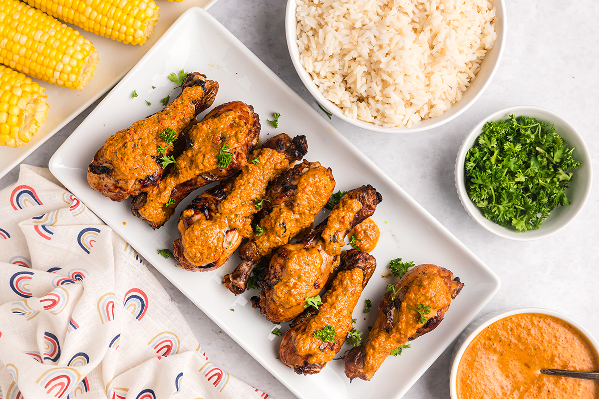 overhead shot of tray of peri peri chicken