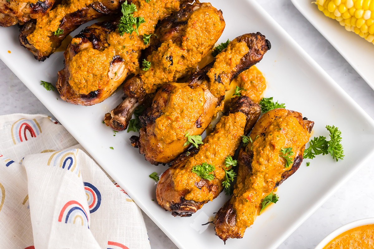 close up overhead shot of tray of peri peri chicken