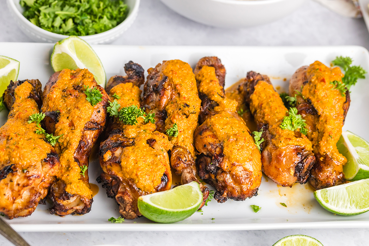 angled shot of platter of peri peri chicken