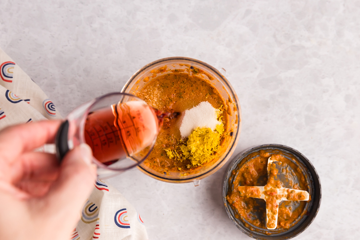 overhead shot of peri peri sauce in blender