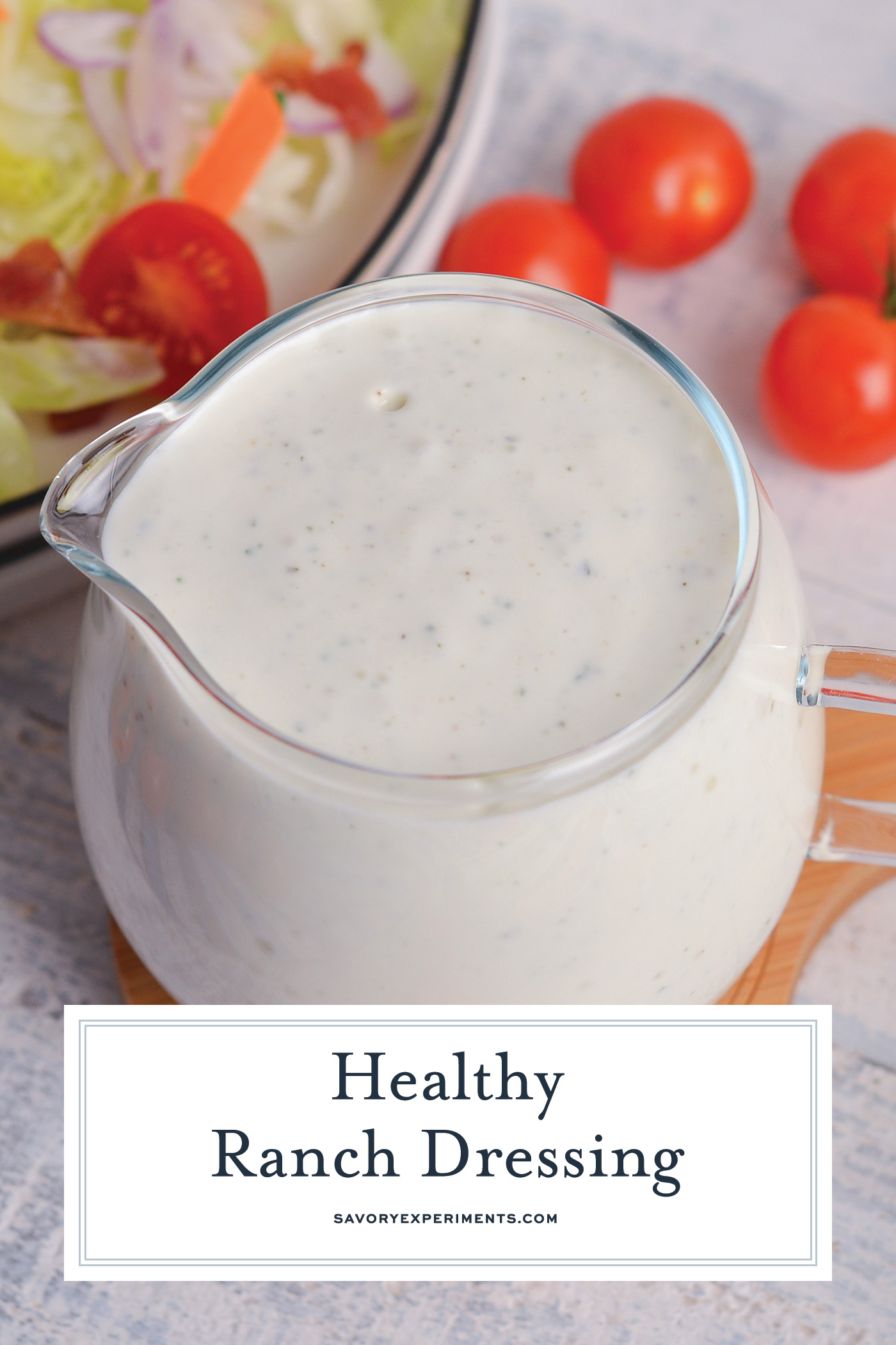 angled shot of jar of healthy ranch dressing with text overlay