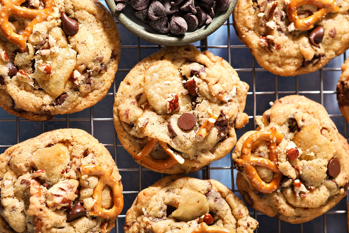 overhead of kitchen sink cookies on a wire cooling rack