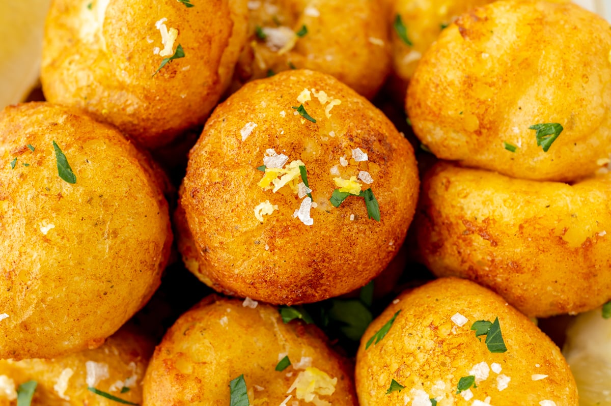 close up overhead shot of savory ricotta fritters