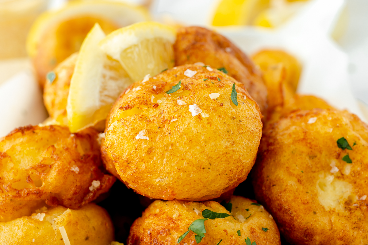 straight on shot of pile of savory fritters