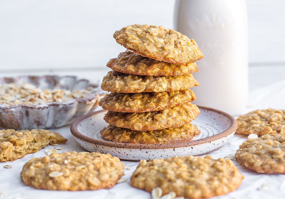 stack of quaker oats oatmeal cookies on a white plate